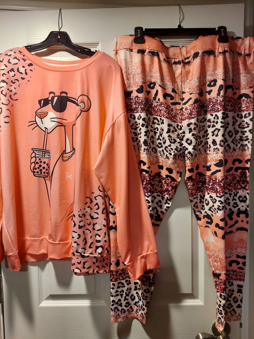 SHEIN (Pink Panther) Coral Pink Leopard Print Lounge Set - Track Pants & Top